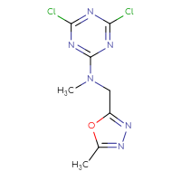 Chemical structure of 4,6-dichloro-N-methyl-N-[(5-methyl-1,3,4-oxadiazol-2-yl)methyl]-1,3,5-triazin-2-amine - CSSB02155764175