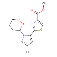 Chemical structure of methyl 2-[3-methyl-1-(oxan-2-yl)-1H-pyrazol-5-yl]-1,3-thiazole-4-carboxylate - CSSB07107543621