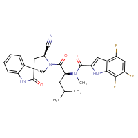 Chemical structure of N-[(2S)-1-[(3R,5'S)-5'-cyano-2-oxo-1,2-dihydrospiro[indole-3,3'-pyrrolidin]-1'-yl]-4-methyl-1-oxopentan-2-yl]-4,6,7-trifluoro-N-methyl-1H-indole-2-carboxamide - CSSB14880530606