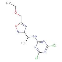 Chemical structure of 4,6-dichloro-N-{1-[5-(ethoxymethyl)-1,2,4-oxadiazol-3-yl]ethyl}-1,3,5-triazin-2-amine - CSSB21332128769