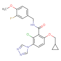 Chemical structure of 2-chloro-6-(cyclopropylmethoxy)-N-[(3-fluoro-4-methoxyphenyl)methyl]-3-(4H-1,2,4-triazol-4-yl)benzamide - CSSB20961766783