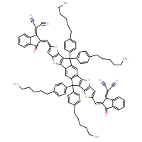 Chemical structure of 2-{2-[(20-{[(2E)-1-(dicyanomethylidene)-3-oxo-2,3-dihydro-1H-inden-2-ylidene]methyl}-12,12,24,24-tetrakis(4-hexylphenyl)-5,9,17,21-tetrathiaheptacyclo[13.9.0.0³,¹³.0⁴,¹¹.0⁶,¹⁰.0¹⁶,²³.0¹⁸,²²]tetracosa-1(15),2,4(11),6(10),7,13,16(23),18(22),19-nonaen-8-yl)methylidene]-3-oxo-2,3-dihydro-1H-inden-1-ylidene}propanedinitrile - CSSB02495327247