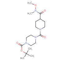 Chemical structure of tert-butyl 4-{4-[methoxy(methyl)carbamoyl]piperidine-1-carbonyl}piperazine-1-carboxylate - CSSB00514372915