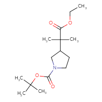 Chemical structure of tert-butyl 3-(1-ethoxy-2-methyl-1-oxopropan-2-yl)pyrrolidine-1-carboxylate - CSSB00037599265