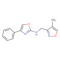 Chemical structure of N-[(4-methyl-1,2-oxazol-3-yl)methyl]-4-phenyl-1,3-oxazol-2-amine - CSSB15108944250