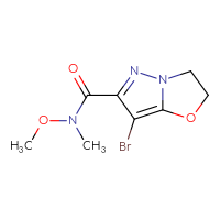 Chemical structure of 7-bromo-N-methoxy-N-methyl-2H,3H-pyrazolo[3,2-b][1,3]oxazole-6-carboxamide - CSSB14974436900