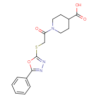 Chemical structure of 1-{2-[(5-phenyl-1,3,4-oxadiazol-2-yl)sulfanyl]acetyl}piperidine-4-carboxylic acid - CSSB00000682652