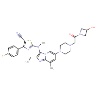 Chemical structure of 2-[(2-ethyl-6-{4-[2-(3-hydroxyazetidin-1-yl)-2-oxoethyl]piperazin-1-yl}-8-methylimidazo[1,2-a]pyridin-3-yl)(methyl)amino]-4-(4-fluorophenyl)-1,3-thiazole-5-carbonitrile - CSSB00137314496