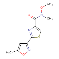 Chemical structure of N-methoxy-N-methyl-2-(5-methyl-1,2-oxazol-3-yl)-1,3-thiazole-4-carboxamide - CSSB21151593814