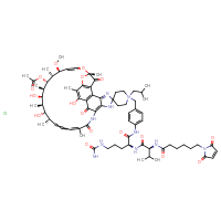Chemical structure of (7S,11S,12R,13S,14R,15R,16R,17S,18S)-13-(acetyloxy)-1'-({4-[(2S)-5-(carbamoylamino)-2-[(2S)-2-[6-(2,5-dioxo-2,5-dihydro-1H-pyrrol-1-yl)hexanamido]-3-methylbutanamido]pentanamido]phenyl}methyl)-2,15,17-trihydroxy-11-methoxy-3,7,12,14,16,18,22-heptamethyl-1'-(2-methylpropyl)-6,23,32-trioxo-8,33-dioxa-24,27,29-triazaspiro[pentacyclo[23.6.1.1⁴,⁷.0⁵,³¹.0²⁶,³⁰]tritriacontane-28,4'-piperidin]-1(31),2,4,9,19,21,25,29-octaen-1'-ium chloride - CSSB20958670923