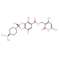 Chemical structure of (2R)-7-chloro-N-[(4,6-dimethyl-2-oxo-1,2-dihydropyridin-3-yl)methyl]-2,4-dimethyl-2-[(1r,4R)-4-(dimethylamino)cyclohexyl]-2H-1,3-benzodioxole-5-carboxamide - CSSB02495333918