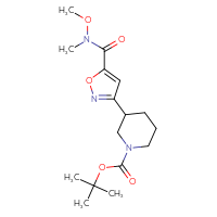 Chemical structure of tert-butyl 3-{5-[methoxy(methyl)carbamoyl]-1,2-oxazol-3-yl}piperidine-1-carboxylate - CSSB15947028489