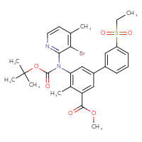 Chemical structure of methyl 5-[(3-bromo-4-methylpyridin-2-yl)[(tert-butoxy)carbonyl]amino]-3'-(ethanesulfonyl)-4-methyl-[1,1'-biphenyl]-3-carboxylate - CSSB00121573389