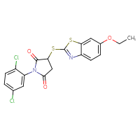Chemical structure of 1-(2,5-dichlorophenyl)-3-[(6-ethoxy-1,3-benzothiazol-2-yl)sulfanyl]pyrrolidine-2,5-dione - CSSB00121690030