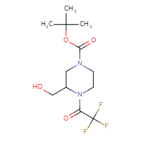 Chemical structure of tert-butyl 3-(hydroxymethyl)-4-(2,2,2-trifluoroacetyl)piperazine-1-carboxylate - CSSB00113659415