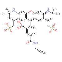 Chemical structure of 6-{2-carboxy-4-[(prop-2-yn-1-yl)carbamoyl]phenyl}-2,2,10,10-tetramethyl-4-(sulfomethyl)-8-(sulfonatomethyl)-2,10-dihydro-1H-13-oxa-1,11-diazapentacen-11-ium - CSSB06741709271