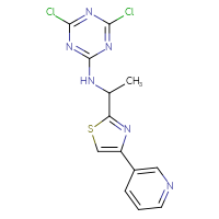 Chemical structure of 4,6-dichloro-N-{1-[4-(pyridin-3-yl)-1,3-thiazol-2-yl]ethyl}-1,3,5-triazin-2-amine - CSSB21332127158
