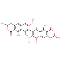 Chemical structure of (3R)-8-[(3R)-9,10-dihydroxy-7-methoxy-3-methyl-1-oxo-1H,3H,4H-naphtho[2,3-c]pyran-8-yl]-10-hydroxy-7-methoxy-3-methyl-1H,3H,4H,6H,9H-naphtho[2,3-c]pyran-1,6,9-trione - CSSB03496542800