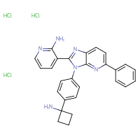 Chemical structure of 3-{3-[4-(1-aminocyclobutyl)phenyl]-5-phenyl-3H-imidazo[4,5-b]pyridin-2-yl}pyridin-2-amine trihydrochloride - CSSB00102885900