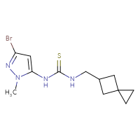 Chemical structure of 1-(3-bromo-1-methyl-1H-pyrazol-5-yl)-3-({spiro[2.3]hexan-5-yl}methyl)thiourea - CSSB21432514227