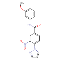 Chemical structure of N-(3-methoxyphenyl)-3-nitro-4-(1H-pyrazol-1-yl)benzamide - CSSB00025727329