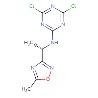 Chemical structure of 4,6-dichloro-N-[(1S)-1-(5-methyl-1,2,4-oxadiazol-3-yl)ethyl]-1,3,5-triazin-2-amine - CSSB20481909854