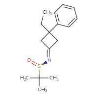 Chemical structure of (R)-N-(3-ethyl-3-phenylcyclobutylidene)-2-methylpropane-2-sulfinamide - CSSB20118119204