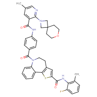Chemical structure of N-(2-fluoro-6-methylphenyl)-9-[4-(5-methyl-2-{7-oxa-2-azaspiro[3.5]nonan-2-yl}pyridine-3-amido)benzoyl]-3-thia-9-azatricyclo[8.4.0.0²,⁶]tetradeca-1(14),2(6),4,10,12-pentaene-4-carboxamide - CSSB02495326402