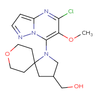 Chemical structure of (1-{5-chloro-6-methoxypyrazolo[1,5-a]pyrimidin-7-yl}-8-oxa-1-azaspiro[4.5]decan-3-yl)methanol - CSSS14948277947
