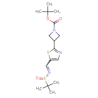 Chemical structure of tert-butyl 3-[5-({[(S)-2-methylpropane-2-sulfinyl]imino}methyl)-1,3-thiazol-2-yl]azetidine-1-carboxylate - CSSB21332857871
