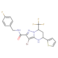 Chemical structure of 3-bromo-N-[(4-fluorophenyl)methyl]-5-(thiophen-2-yl)-7-(trifluoromethyl)-4H,5H,6H,7H-pyrazolo[1,5-a]pyrimidine-2-carboxamide - CSSB02267483627
