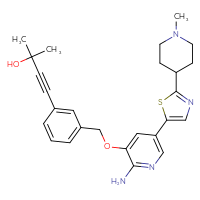 Chemical structure of 4-{3-[({2-amino-5-[2-(1-methylpiperidin-4-yl)-1,3-thiazol-5-yl]pyridin-3-yl}oxy)methyl]phenyl}-2-methylbut-3-yn-2-ol - CSSB02515432704