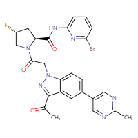 Chemical structure of (2S,4R)-1-{2-[3-acetyl-5-(2-methylpyrimidin-5-yl)-1H-indazol-1-yl]acetyl}-N-(6-bromopyridin-2-yl)-4-fluoropyrrolidine-2-carboxamide - CSSB00161116185
