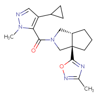 Chemical structure of 5-[(3aR,6aR)-2-(4-cyclopropyl-1-methyl-1H-pyrazole-5-carbonyl)-octahydrocyclopenta[c]pyrrol-3a-yl]-3-methyl-1,2,4-oxadiazole - CSSS00138523668