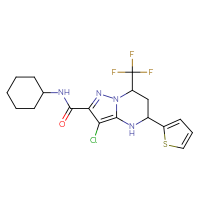 Chemical structure of 3-chloro-N-cyclohexyl-5-(thiophen-2-yl)-7-(trifluoromethyl)-4H,5H,6H,7H-pyrazolo[1,5-a]pyrimidine-2-carboxamide - CSSB00132628695