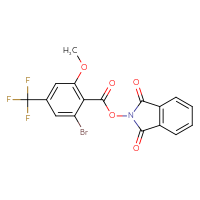 Chemical structure of 1,3-dioxo-2,3-dihydro-1H-isoindol-2-yl 2-bromo-6-methoxy-4-(trifluoromethyl)benzoate - CSSB20270488569