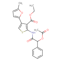 Chemical structure of ethyl 2-[2-(acetyloxy)-2-phenylacetamido]-4-(5-methylfuran-2-yl)thiophene-3-carboxylate - CSSB00028092861