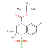 Chemical structure of tert-butyl 7-bromo-4-(chlorosulfonyl)-3,3-dimethyl-1,2,3,4-tetrahydroquinoxaline-1-carboxylate - CSSB21224774197