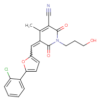 Chemical structure of 5-{[5-(2-chlorophenyl)furan-2-yl]methylidene}-1-(3-hydroxypropyl)-4-methyl-2,6-dioxo-1,2,5,6-tetrahydropyridine-3-carbonitrile - CSSB00026748039