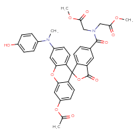 Chemical structure of methyl 2-{1-[3'-(acetyloxy)-6'-[(4-hydroxyphenyl)(methyl)amino]-3-oxo-3H-spiro[2-benzofuran-1,9'-xanthen]-5-yl]-N-(2-methoxy-2-oxoethyl)formamido}acetate - CSSB03437847400