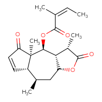 Chemical structure of (3S,3aR,4S,4aR,7aR,8R,9aR)-3,4a,8-trimethyl-2,5-dioxo-2H,3H,3aH,4H,4aH,5H,7aH,8H,9H,9aH-azuleno[6,5-b]furan-4-yl (2Z)-2-methylbut-2-enoate - CSSB00132312457