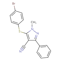 Chemical structure of 5-[(4-bromophenyl)sulfanyl]-1-methyl-3-phenyl-1H-pyrazole-4-carbonitrile - CSSB00025738711