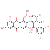 Chemical structure of 1',4,5,8'-tetrahydroxy-2,3'-dimethoxy-6',7-dimethyl-9H,9'H,10H,10'H-[1,2'-bianthracene]-9,9',10,10'-tetrone - CSSB00121595528