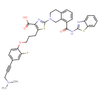 Chemical structure of 2-{8-[(1,3-benzothiazol-2-yl)carbamoyl]-1,2,3,4-tetrahydroisoquinolin-2-yl}-5-(3-{4-[3-(dimethylamino)prop-1-yn-1-yl]-2-fluorophenoxy}propyl)-1,3-thiazole-4-carboxylic acid - CSSB00137314469