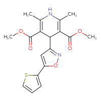 Chemical structure of 3,5-dimethyl 2,6-dimethyl-4-[5-(thiophen-2-yl)-1,2-oxazol-3-yl]-1,4-dihydropyridine-3,5-dicarboxylate - CSSB20539821613