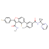 Chemical structure of 4-fluoro-2-(4-fluorophenyl)-N-methyl-5-(2-methyl-5-{[1-(pyrimidin-2-yl)cyclopropyl]carbamoyl}phenyl)-1-benzofuran-3-carboxamide - CSSB00102419973