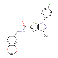 Chemical structure of 1-(4-chlorophenyl)-N-[(3,4-dimethoxyphenyl)methyl]-3-methyl-1H-thieno[2,3-c]pyrazole-5-carboxamide - CSSB00026251609