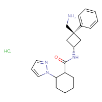 Chemical structure of 2-(1H-pyrazol-1-yl)-N-[(1r,3r)-3-(aminomethyl)-3-phenylcyclobutyl]cyclohexane-1-carboxamide hydrochloride - CSSB00161158441