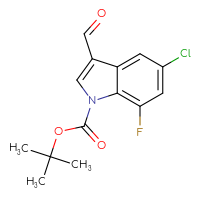 Chemical structure of tert-butyl 5-chloro-7-fluoro-3-formyl-1H-indole-1-carboxylate - CSSB09895134493