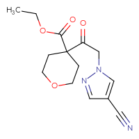 Chemical structure of ethyl 4-[2-(4-cyano-1H-pyrazol-1-yl)acetyl]oxane-4-carboxylate - CSSB21332172980